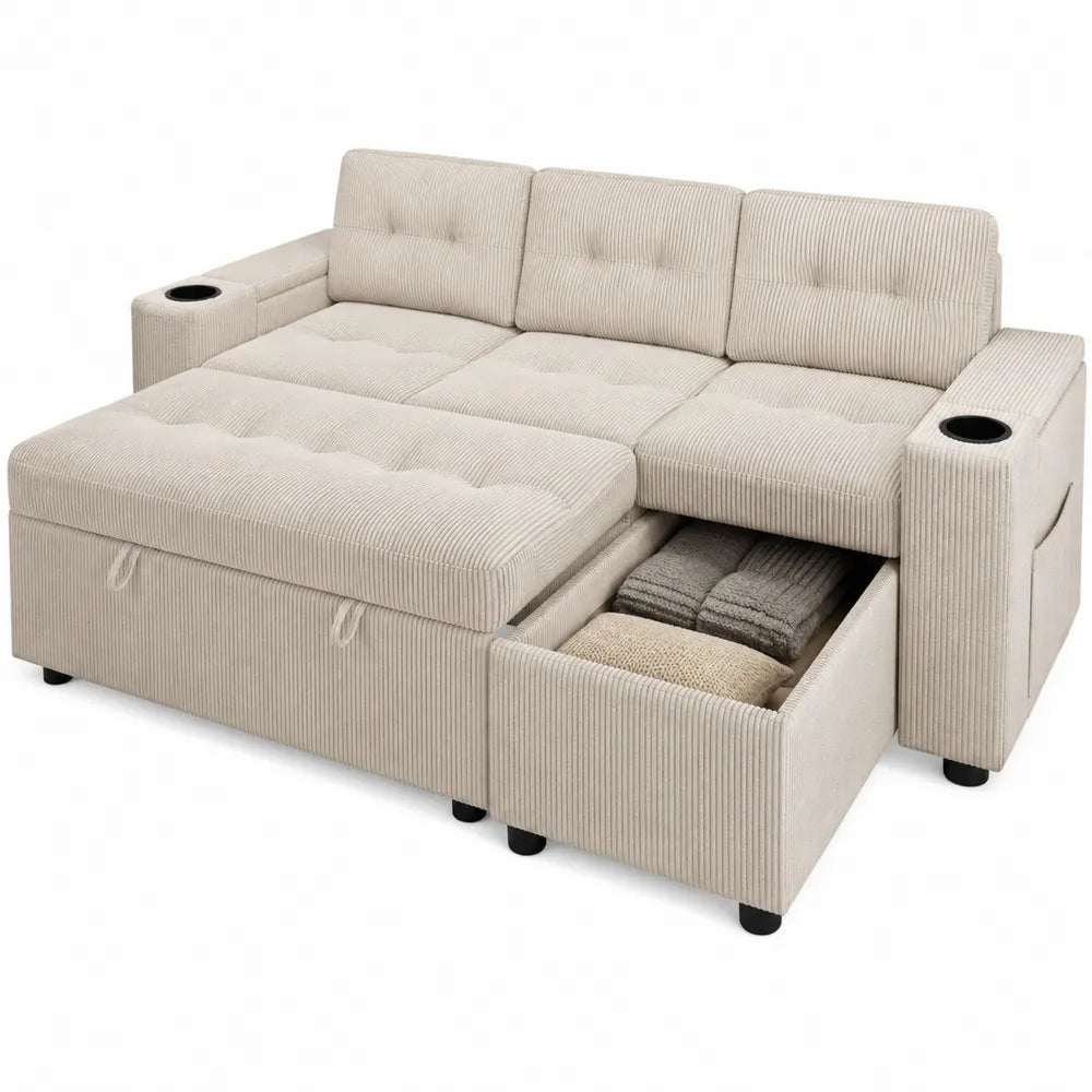 Beige Corduroy Convertible Sleeper Sofa with Storage and Cup Holders