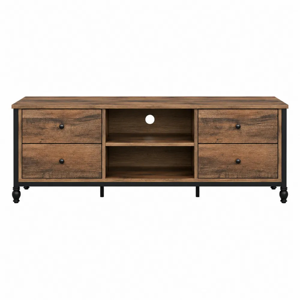 Rectangular Wood and Metal TV Stand with Drawers and Shelves - Brown 140cm