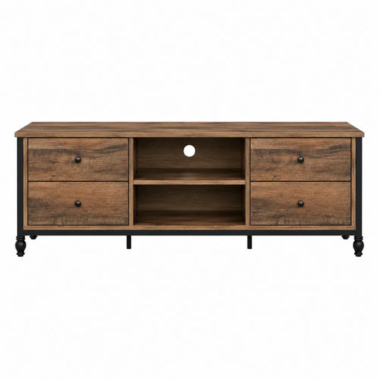 Rectangular Wood and Metal TV Stand with Drawers and Shelves - Brown 140cm