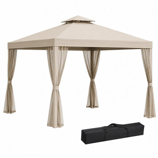 Square Outdoor Gazebo Canopy Beige Polyester with Mesh Netting 3x3m