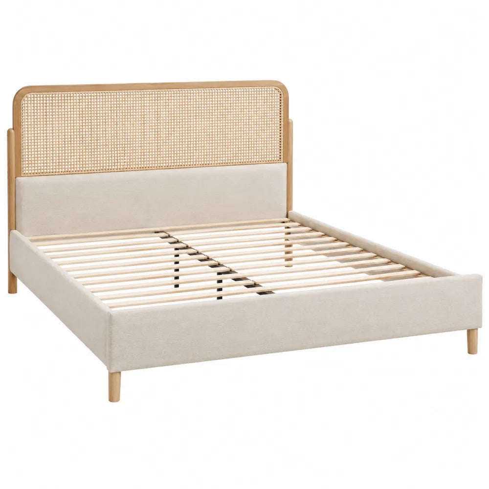 Wooden Queen Bed Frame with Cane Headboard and Fabric Upholstery