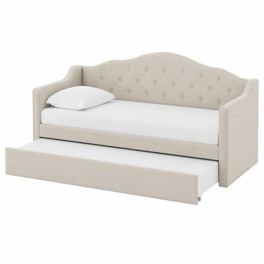 Beige Upholstered Twin Daybed with Trundle Wood Frame