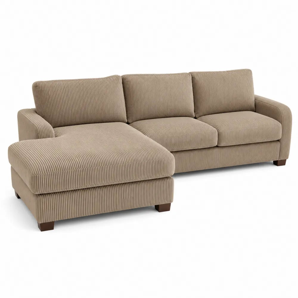 Beige Corduroy Sectional Sofa with Solid Wood Frame