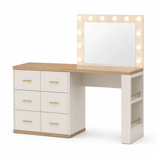 Vanity with Mirror and Lights MDF White and Light Oak 140cm x 45cm x 80cm