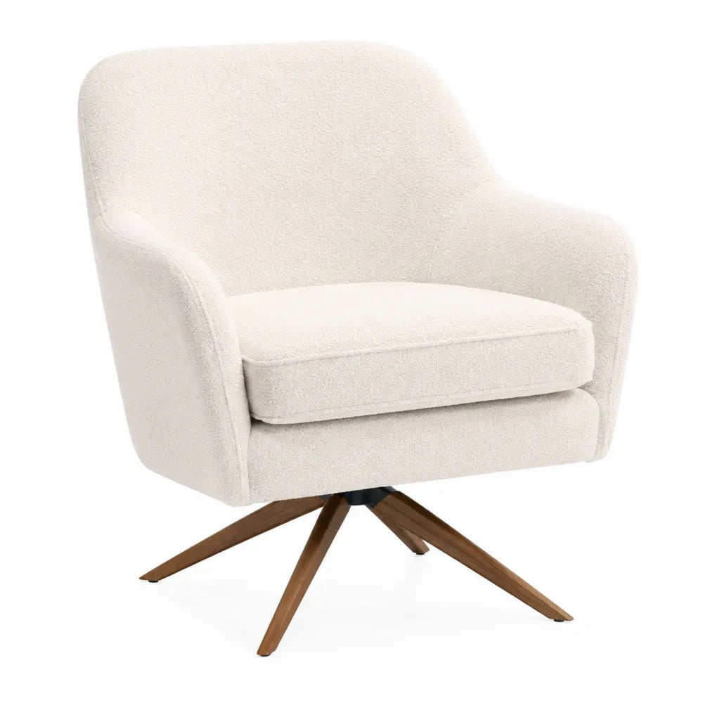 Swivel Accent Chair with Polyester Fabric and Wood Base in Cream
