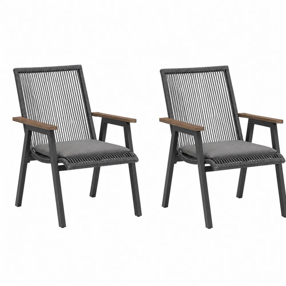Set of 2 Outdoor Rope Armchairs with Metal Frame and Wood Accents