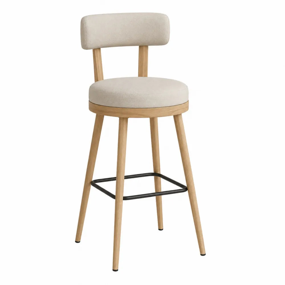 Bar Stool with Beige Fabric Seat and Oak Wood Frame