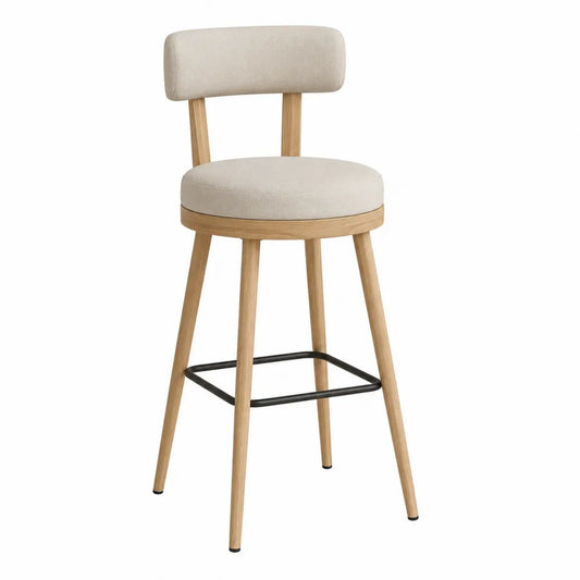 Bar Stool with Beige Fabric Seat and Oak Wood Frame
