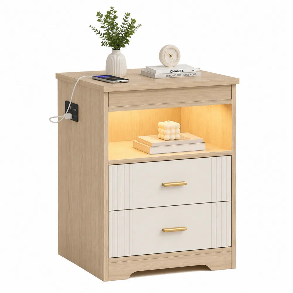 Wooden Nightstand with LED and USB Ports - 2 Drawers, Natural/White