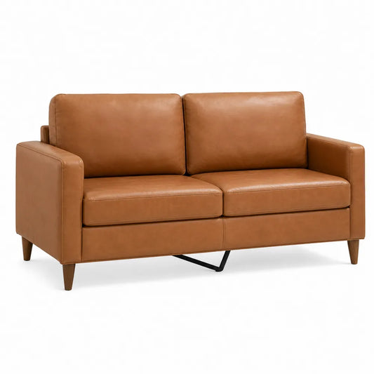 Brown Faux Leather Two-Seater Sofa with Solid Wood Legs