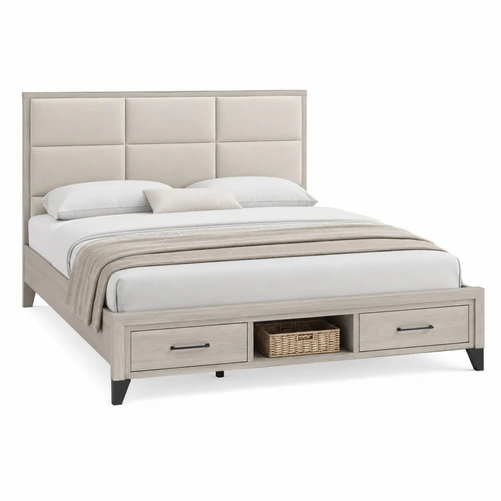 King Platform Bed with Upholstered Fabric Headboard and Storage Drawers