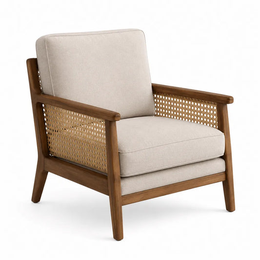 Armchair Solid Wood Rattan Beige Polyester Cushions
