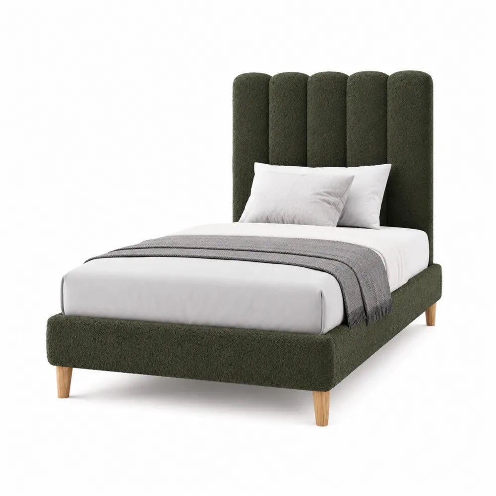 Green Upholstered Single Bed with Channel Tufted Headboard and Wood Legs