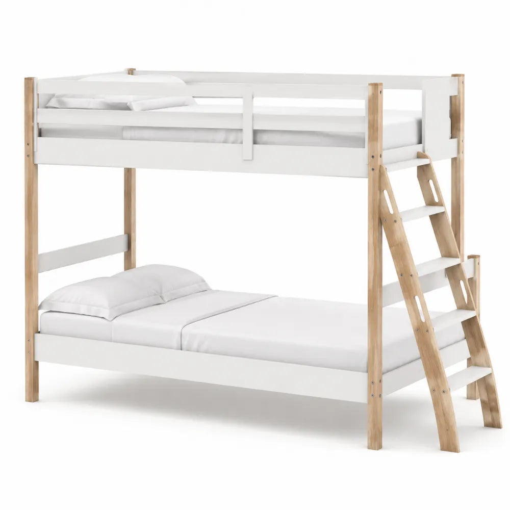 Twin Over Twin Bunk Bed Pine Wood Frame with Ladder White/Natural