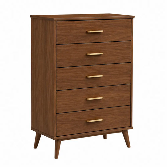 Wood 5-Drawer Chest with Brass Handles Brown