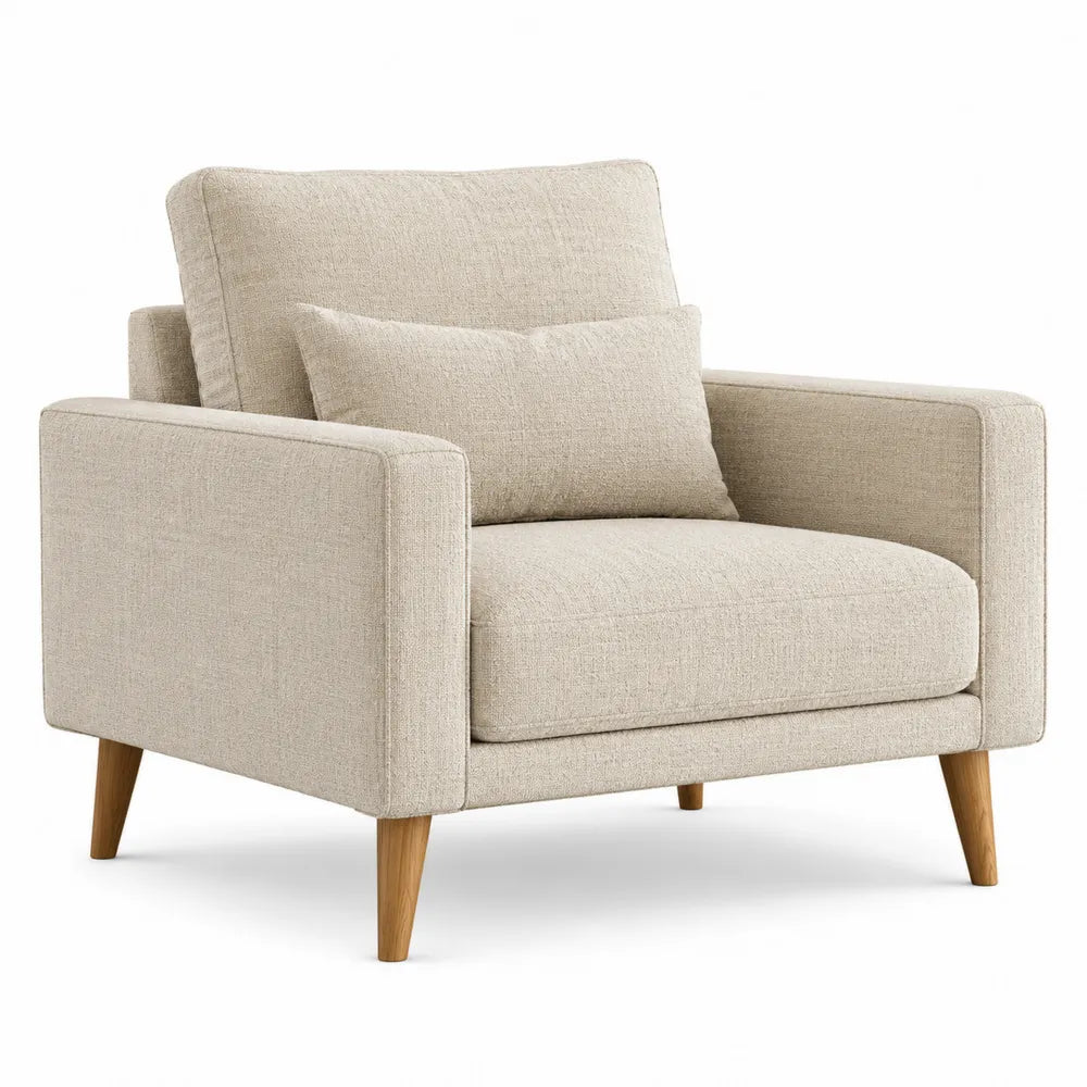 Beige Linen Fabric Armchair with Solid Wood Legs