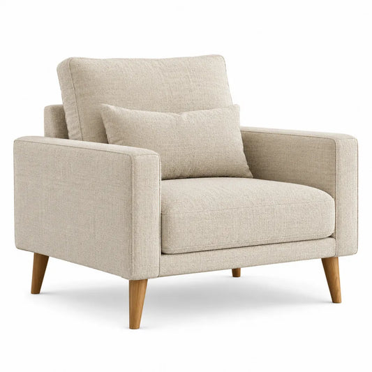 Beige Linen Fabric Armchair with Solid Wood Legs