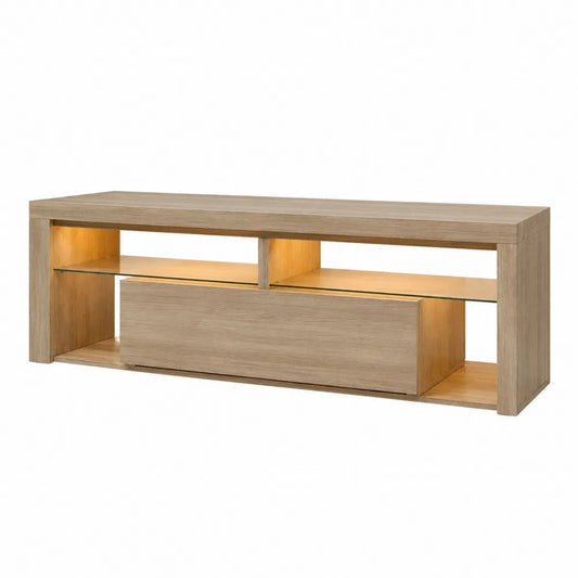 Oak Veneer TV Stand with Tempered Glass Shelves
