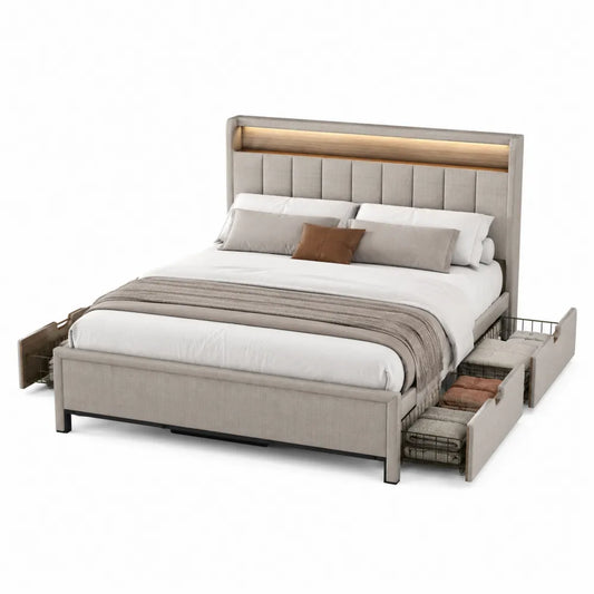 King Fabric Platform Bed with Storage Drawers and LED Headboard Beige