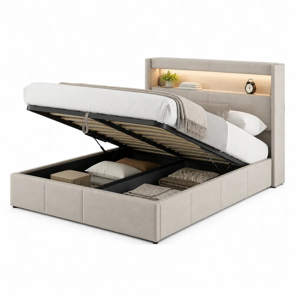Beige Fabric Upholstered Storage Bed with Lift-Up Mattress