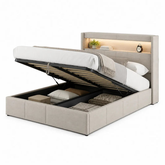Beige Fabric Upholstered Storage Bed with Lift-Up Mattress
