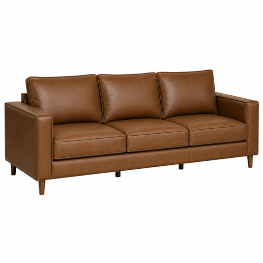 Brown Faux Leather 3-Seater Sofa with Wooden Legs