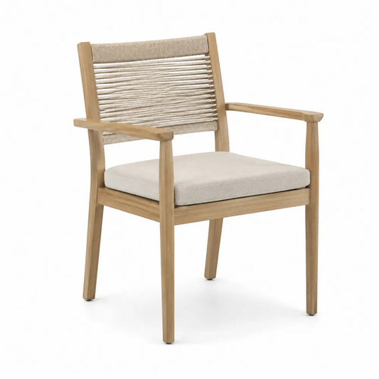 Teak Wooden Outdoor Chair with Rope Back and Beige Cushion