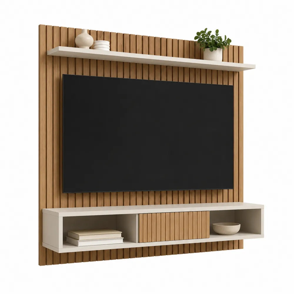 Wall Mounted MDF TV Entertainment Center with Shelves 180cm Oak White