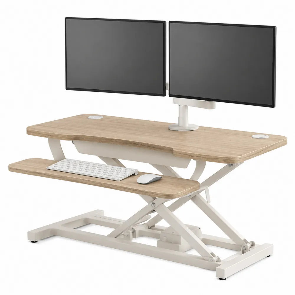 Adjustable Sit-Stand Desk Converter with Dual Monitor Mount Bamboo and Steel 80x40 cm