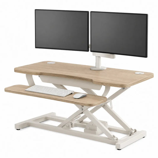 Adjustable Sit-Stand Desk Converter with Dual Monitor Mount Bamboo and Steel 80x40 cm
