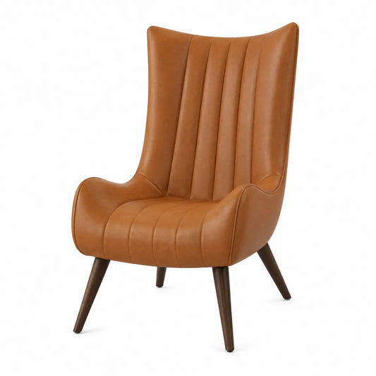 High-Back PU Leather Chair with Wood Legs in Tan