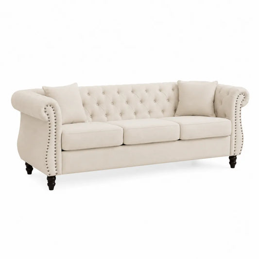 Beige Polyester Chesterfield Sofa with Rolled Arms and Wooden Legs 220cm