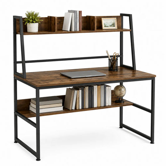 Wood and Metal Desk with Bookshelf and Hutch 120cm