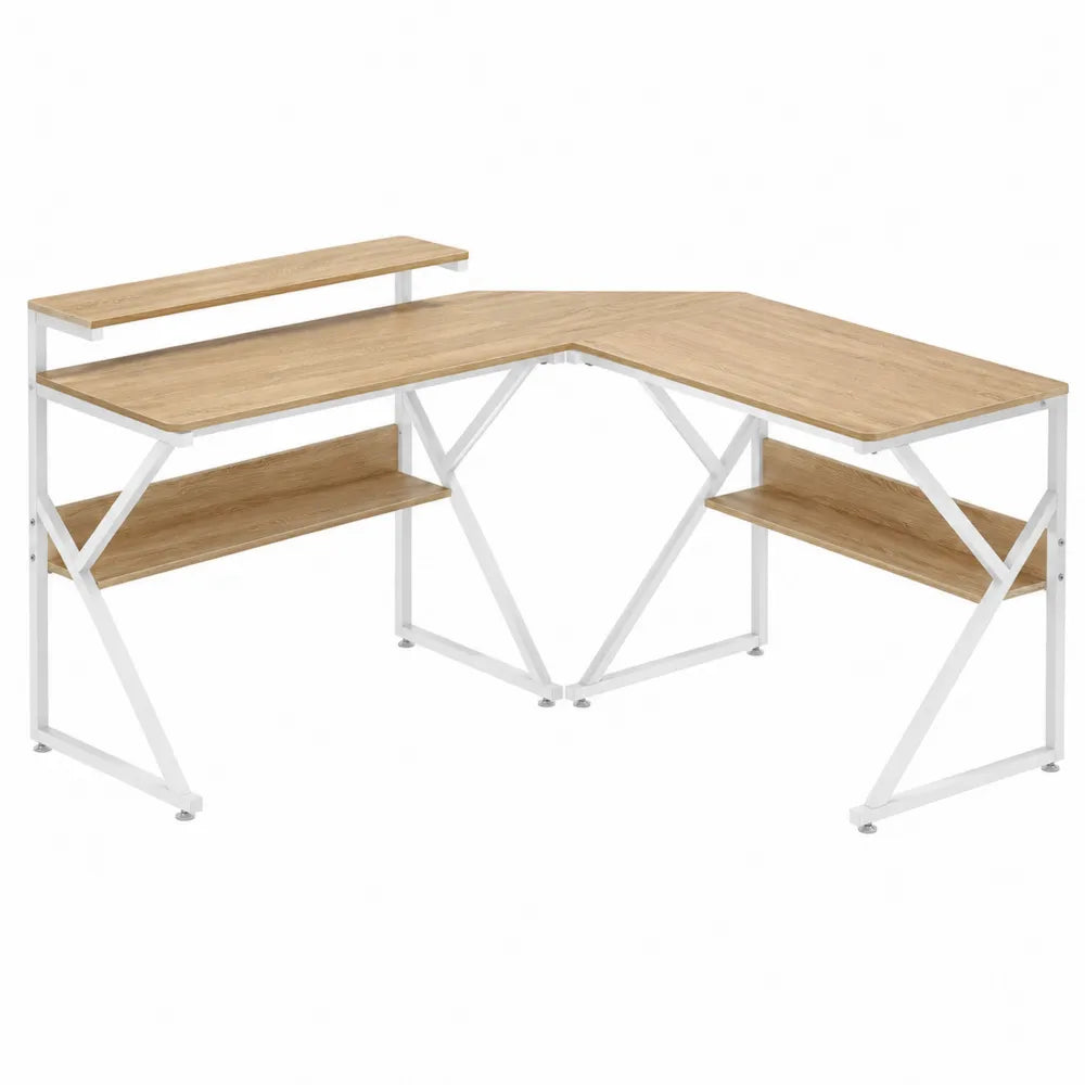 L-Shaped Corner Office Desk MDF and Steel Frame with Shelves Oak and White 155cm