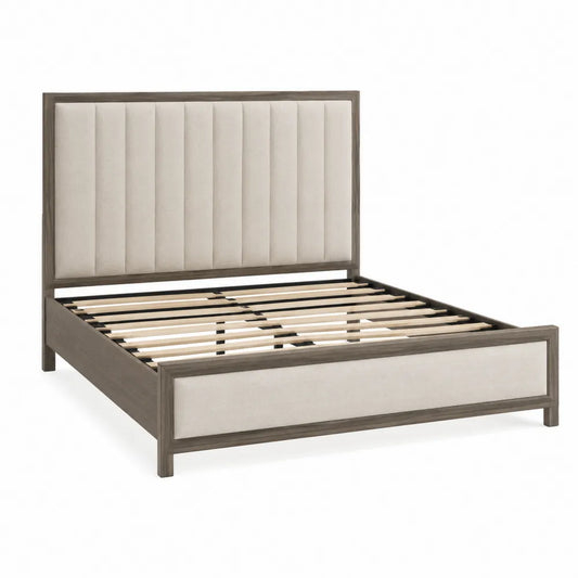 Queen Size Upholstered Panel Bed with Wood Frame and Beige Fabric