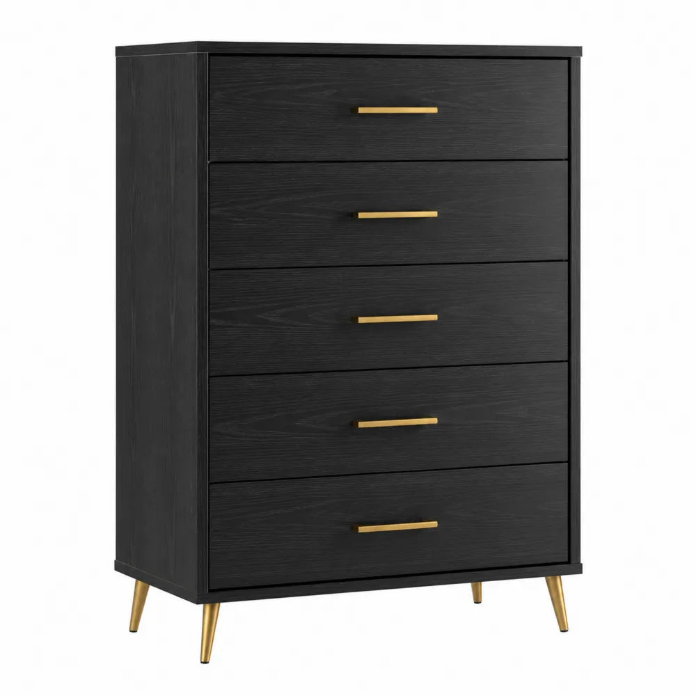Black Wood 5-Drawer Chest with Gold Metal Handles