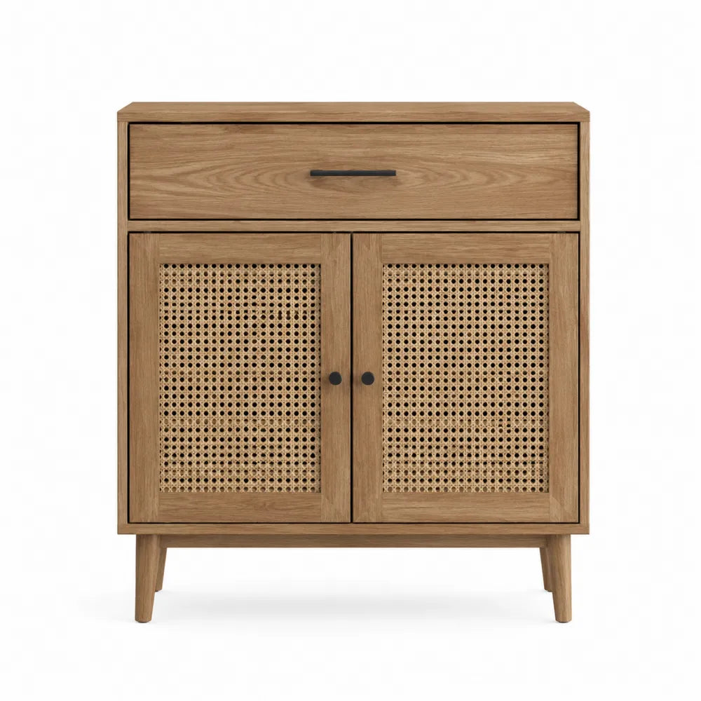Wooden Sideboard with Rattan Doors Oak 2-Door 1-Drawer
