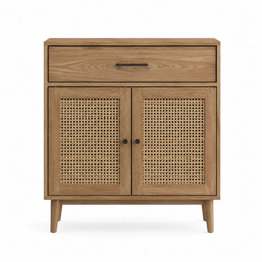 Wooden Sideboard with Rattan Doors Oak 2-Door 1-Drawer
