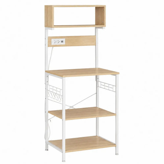 Wood and Metal Kitchen Baker's Rack with Power Outlet and Hooks, 3 Shelves, Natural/White