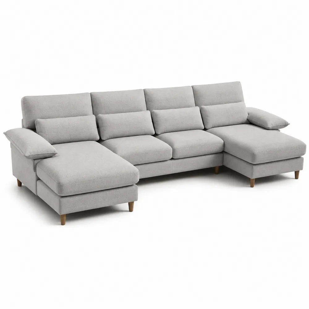 L-Shaped Fabric Sectional Sofa Light Gray with Wooden Legs 270cm