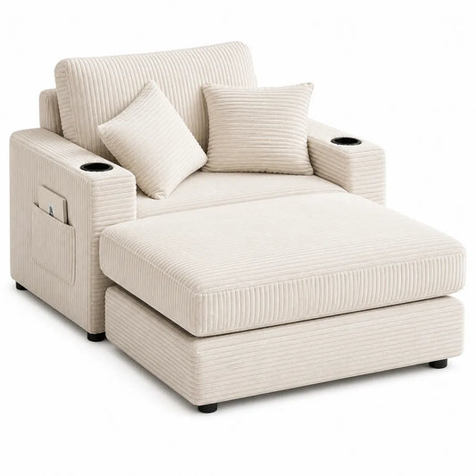 Corduroy Sofa with Ottoman and Pillows