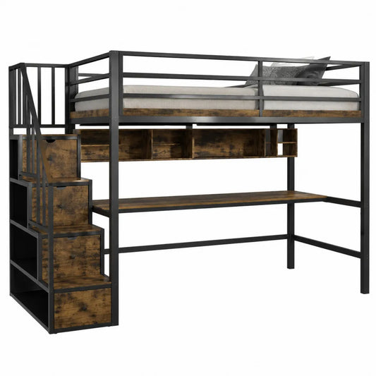Metal Frame Loft Bed with Particleboard Shelves and Storage Stairs, Brown Black, Twin Size
