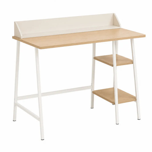 Wood Office Desk with Shelves White Legs Natural Oak 120cm