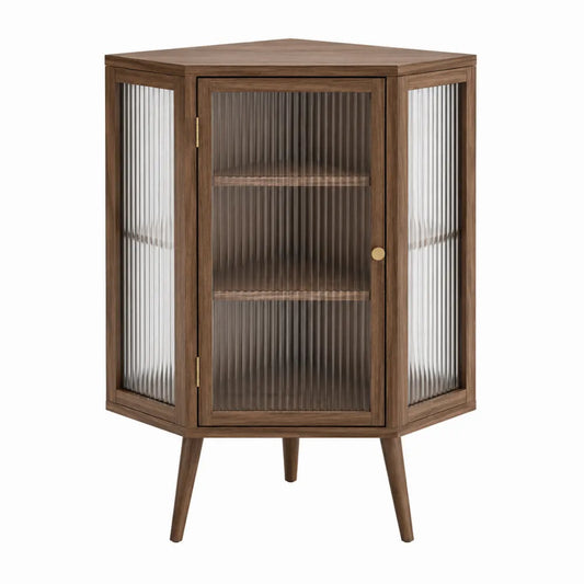 Corner Wooden Cabinet with Ribbed Glass Doors Brown 80cm