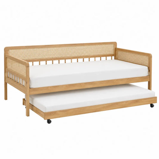 Natural Solid Wood and Rattan Daybed with Trundle