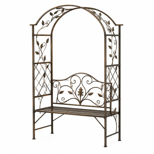 Outdoor Wrought Iron Arbor Bench with Decorative Arch and Scrollwork