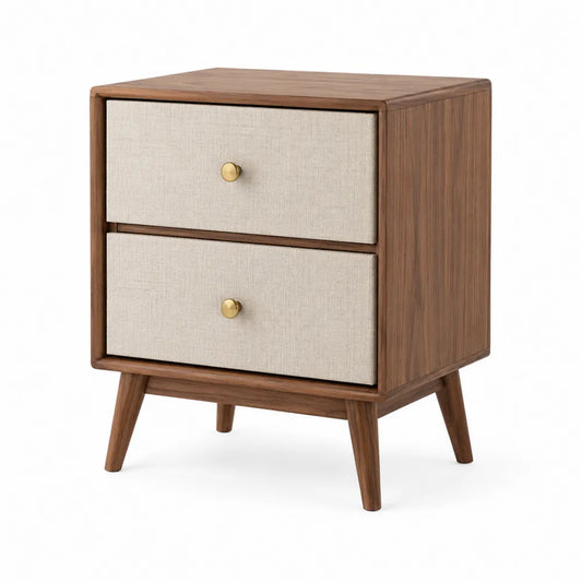 Wood Nightstand with Linen Fabric Drawers 58cm