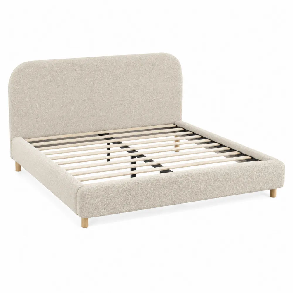 Beige Upholstered Platform Bed with Headboard Queen Size