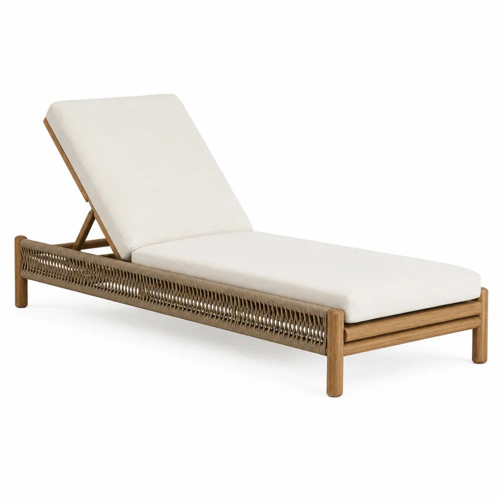 Teak Frame Adjustable Outdoor Lounger with Rope and White Cushions