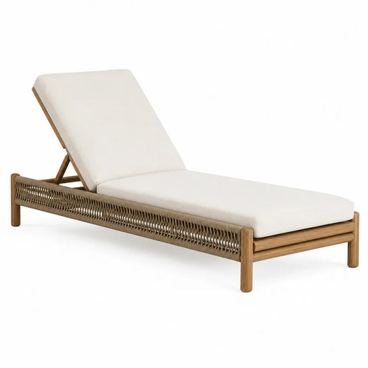 Teak Frame Adjustable Outdoor Lounger with Rope and White Cushions